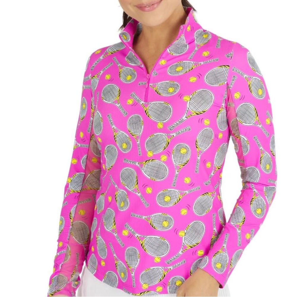 NEW‎ IBKUL Long Sleeve Zip Mock Neck Venus Hot Pink Tennis
Racket Print.   4